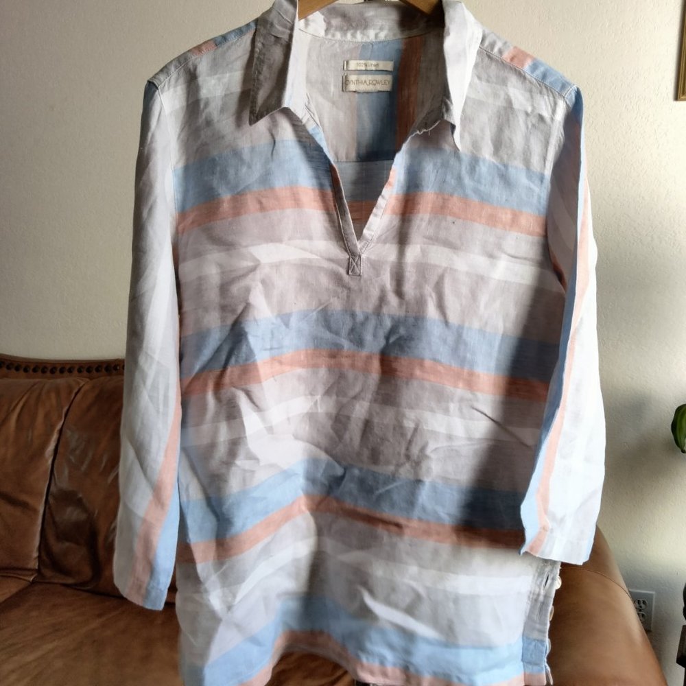 CINTHIA ROWLEY 100% Linen Striped Tunic Size L - Picture 2 of 4